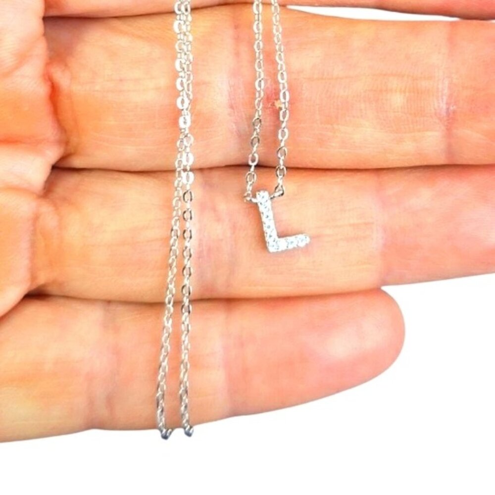 925 Sterling Silver Alphabet Letter "L" Necklace with Moissanite Gemstones. - Picture 3 of 7